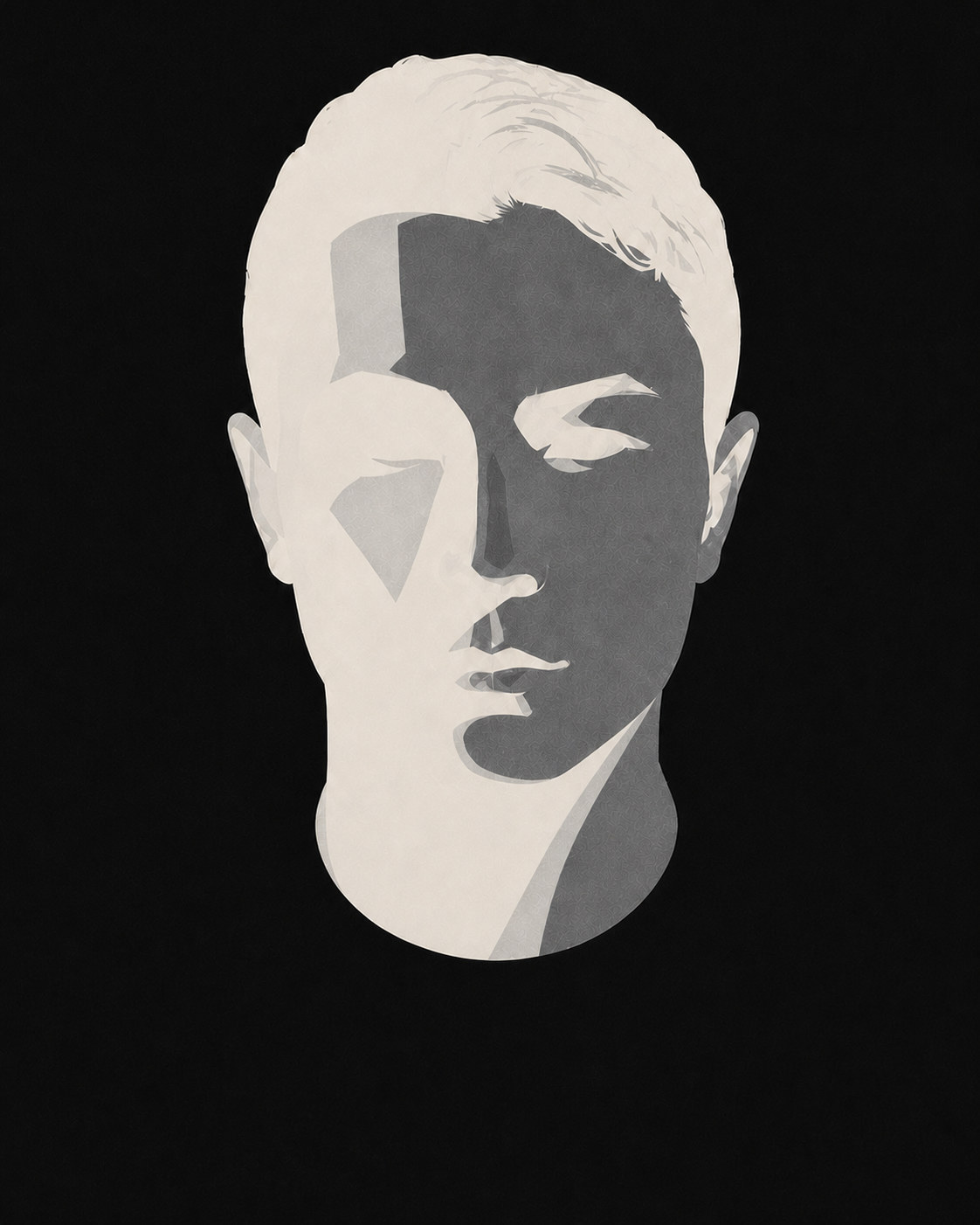 Stylised editorial portrait of Gene Leung: a head and neck rendered in ivory and grey against a black field.